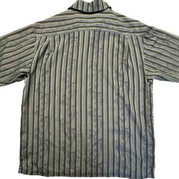Joseph & Feiss Palm Tree Silk Button-Up Short Sleeve Men L Blue Black Striped - Picture 6 of 9